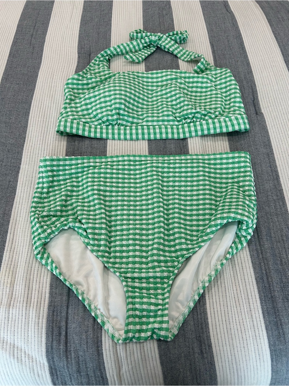 Lands' End Green and White Gingham Bikini Top